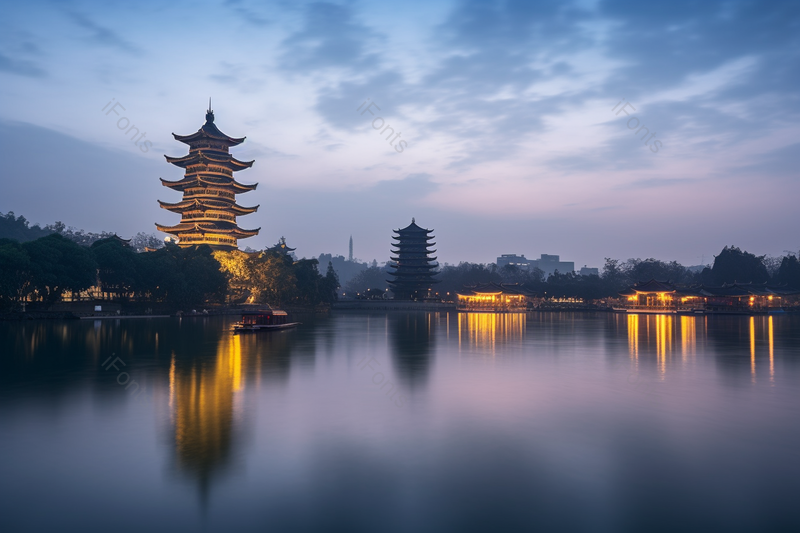 桂林日月双塔广西著名景点蓝天多云风景如画塔的倒影建筑摄影户外摄影,高清,摄影图,摄影图片,图片大全,摄影图免费下载